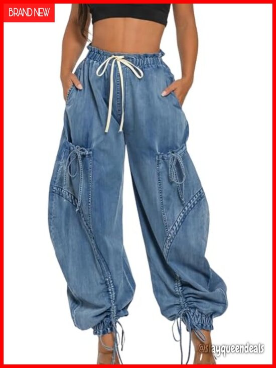 Denim - High Waisted Baggy Cargo Jogger Jeans Wide Leg Drawstring Pockets Loose Harem
